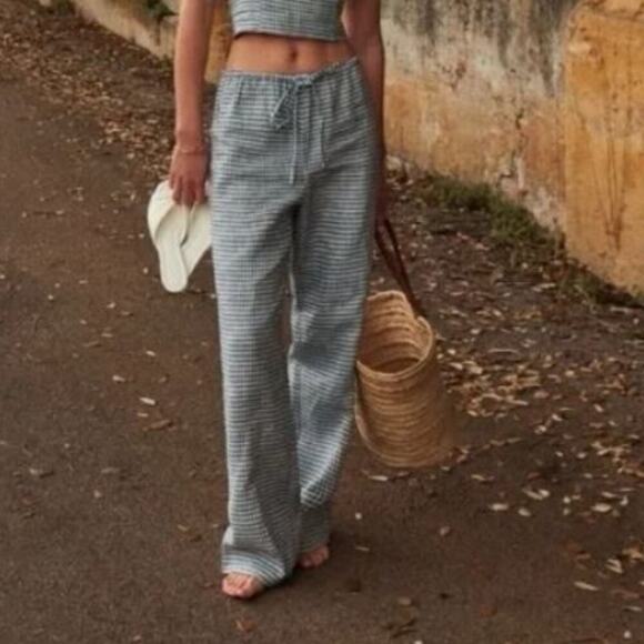 Reformation Jaida Linen Wide  Leg Pants Slate Blue Check Sz S - Picture 1 of 7